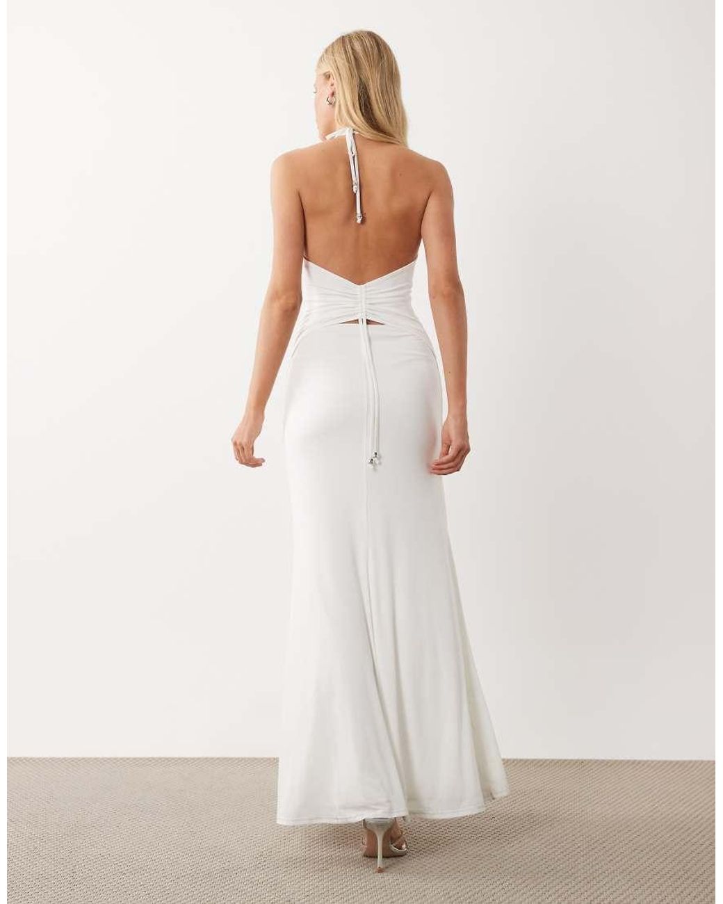 I.AM.GIA White Astraea Slinky Square Halterneck Studded Side Detail Low Back Fishtail Hem Maxi Dress
