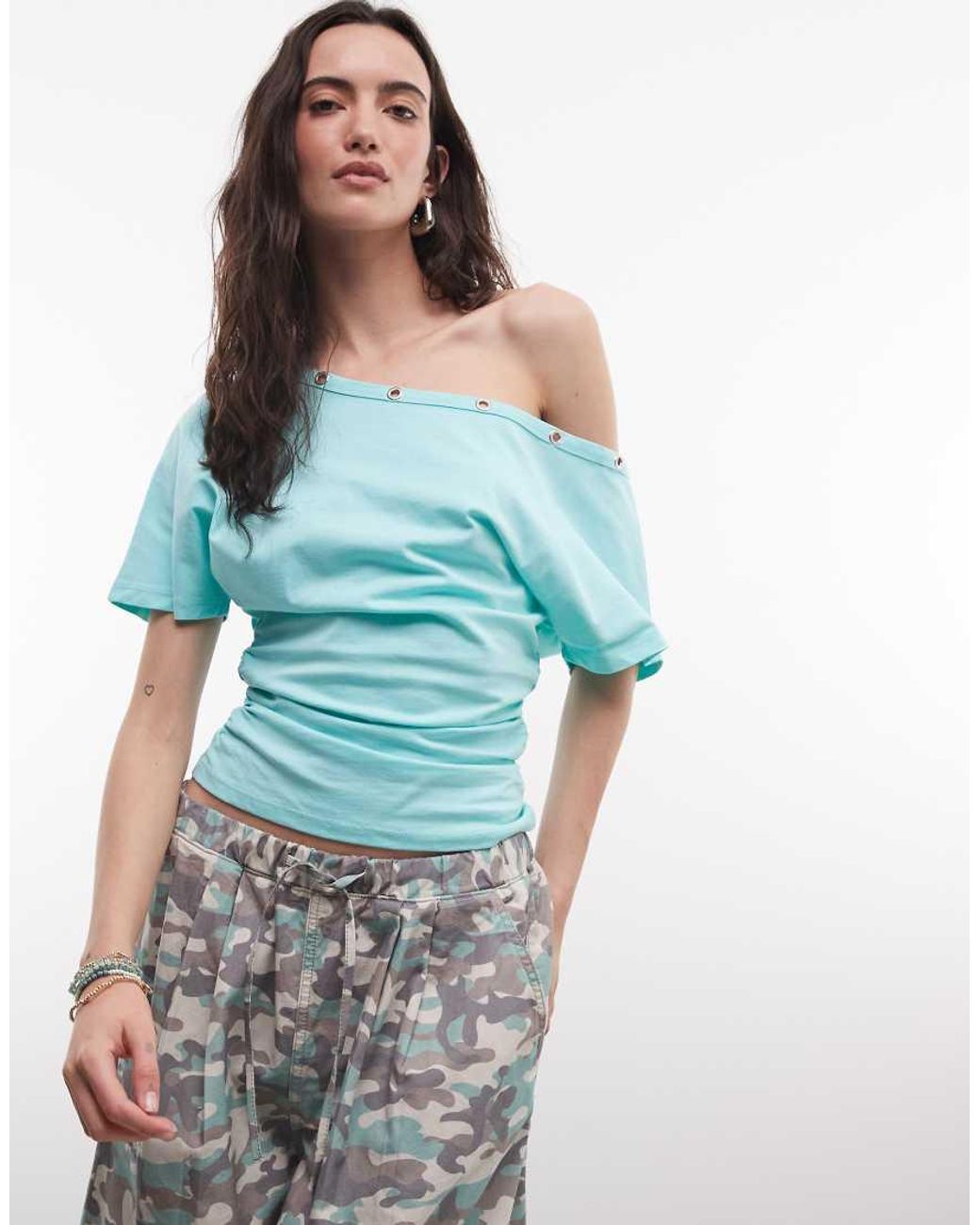Collusion Blue Eyelet Detail Off Shoulder Top