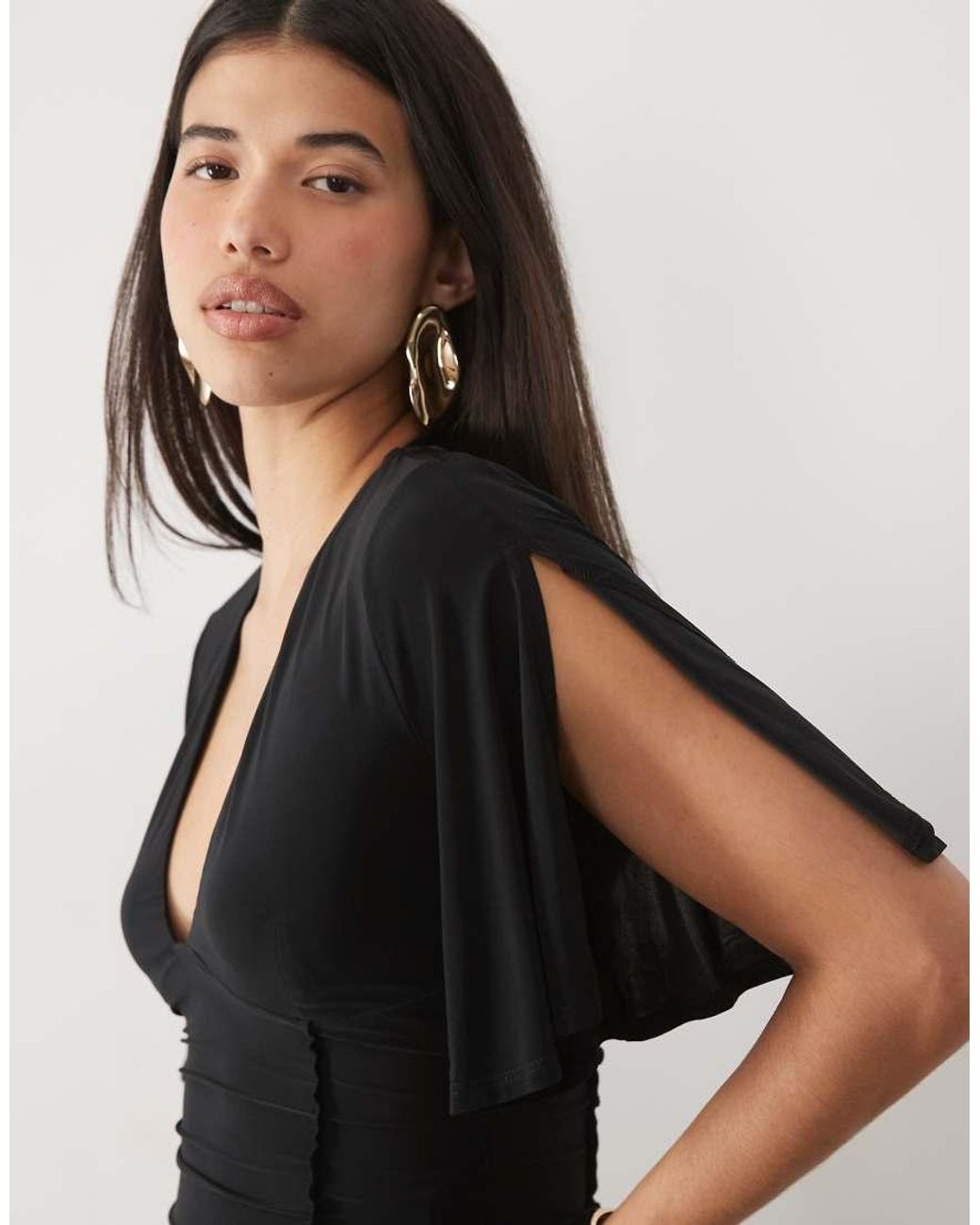ASOS Black Flutter Split Sleeve Seamed Top
