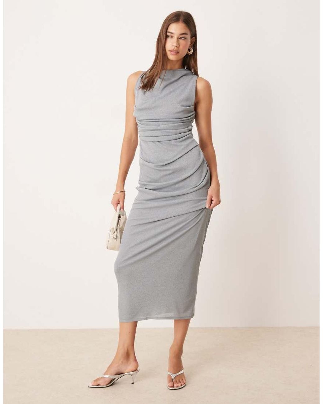ASOS Gray Mesh Sleeveless Ruched Midi Dress