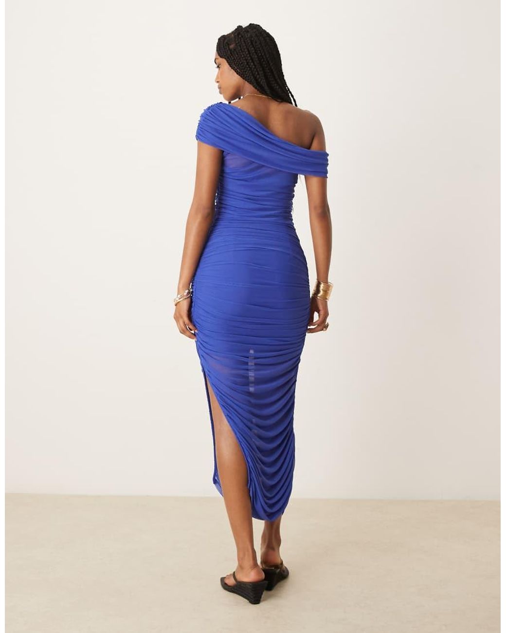 Forever New Blue Mesh Ruched Asymmetrical Midaxi Dress