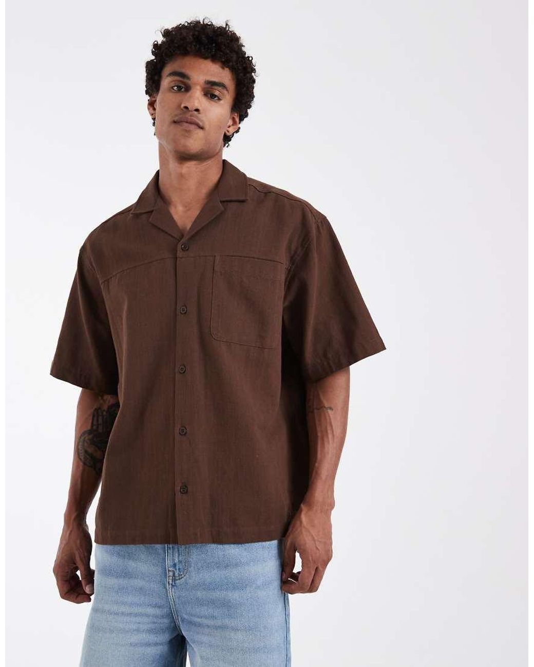 ASOS Brown Oversized Linen Look Shirt With Back Print for men