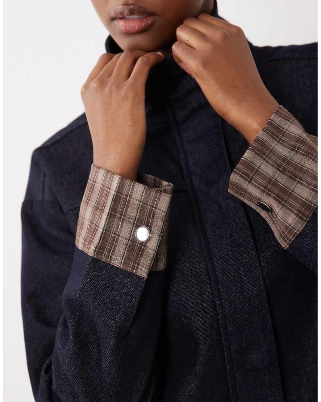 The Frolic Blue Exclusive Denim Funnel Neck Check Contrast Sleeve Jacket Co-Ord