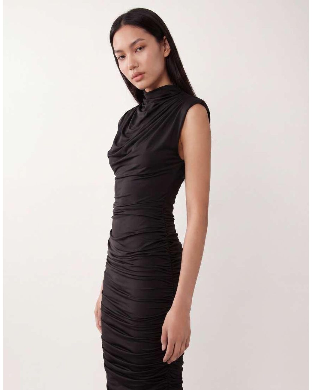 TFNC London Natural Slinky High Neck Shoulder Pad Drape Detail Midi Dress