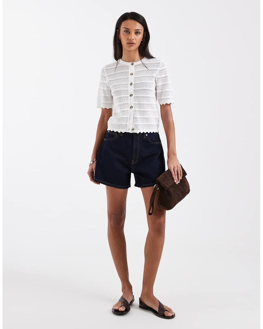 Brave Soul White Crochet Knit Short Sleeve Cardigan With Scallop Detail