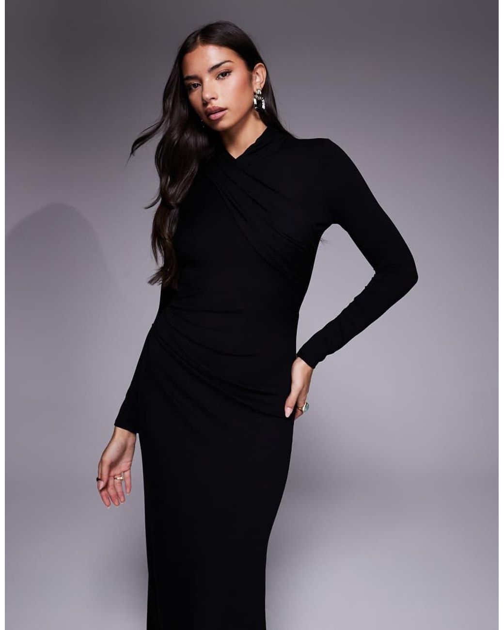 ASOS Blue Long Sleeve High Neck Drape Maxi Dress