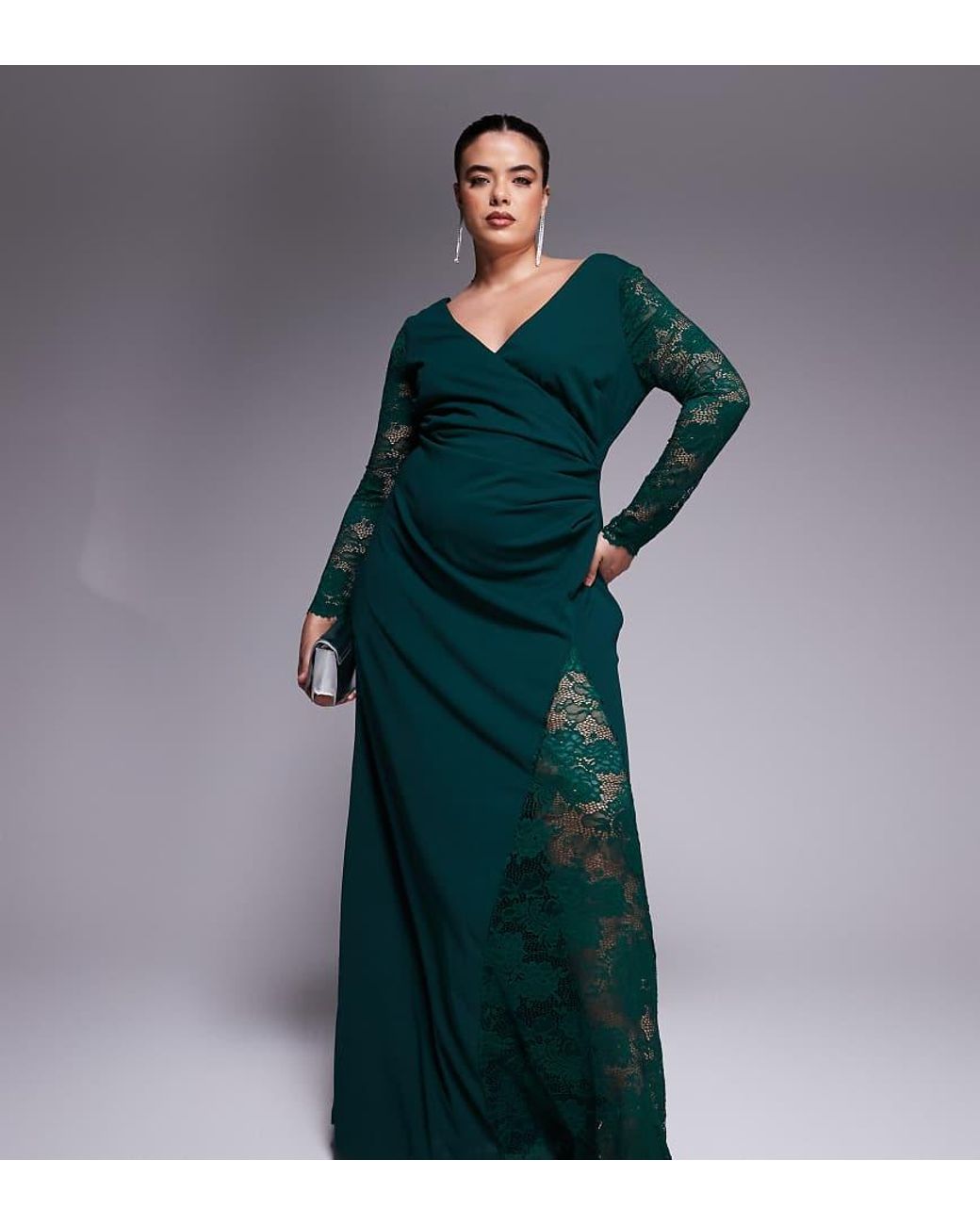 Goddiva Green Curve Lace Wrap Maxi Dress