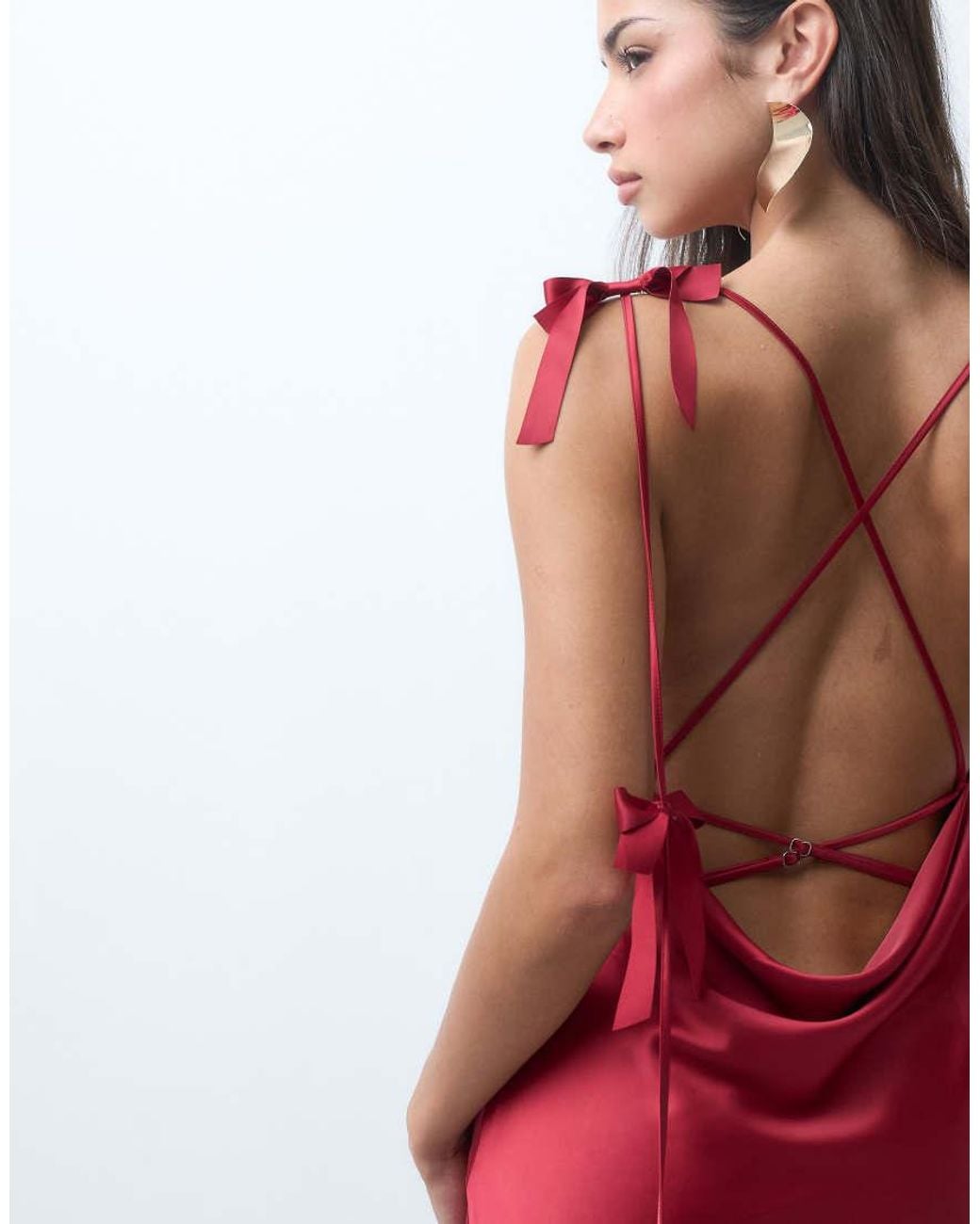 Wanderdoll Red Aria Satin Cowl Neck Bow Drape Detail Strappy Back Maxi Dress