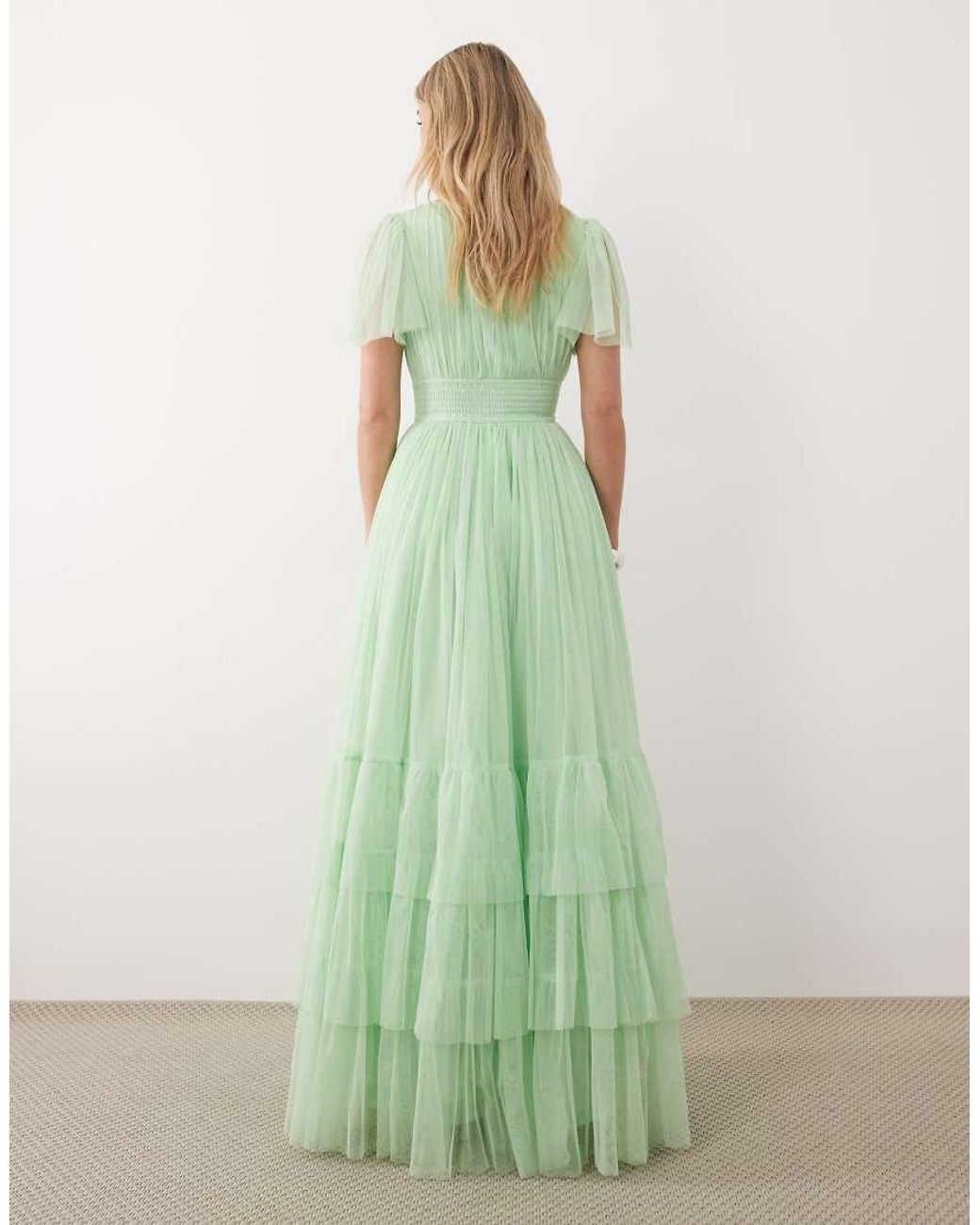 LACE & BEADS Green Bridesmaid Madison Smocked Flutter Sleeve Tiered Maxi Dress