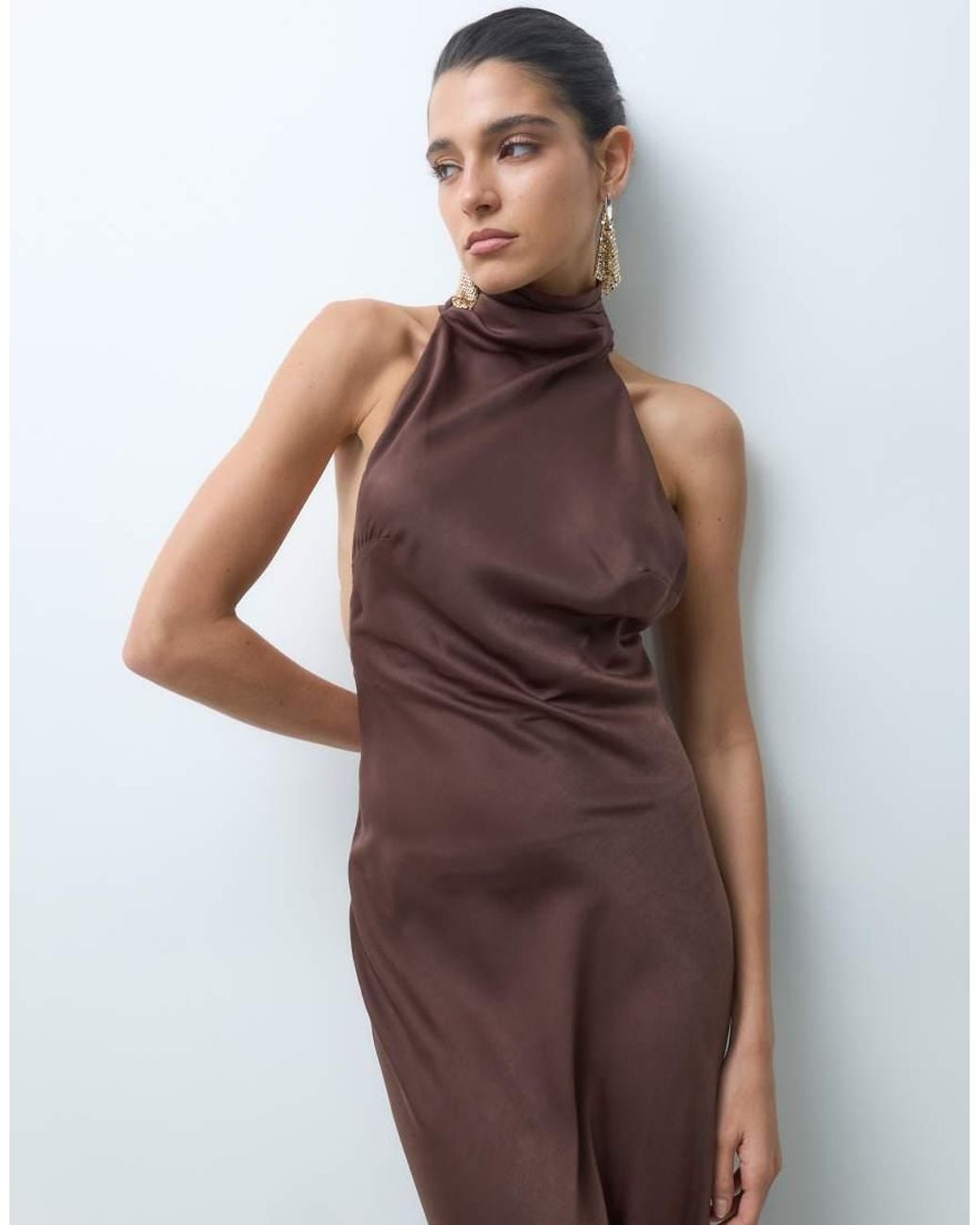 ASOS Brown Funnel Neck Bias Cut Sleeveless Satin Maxi Dress