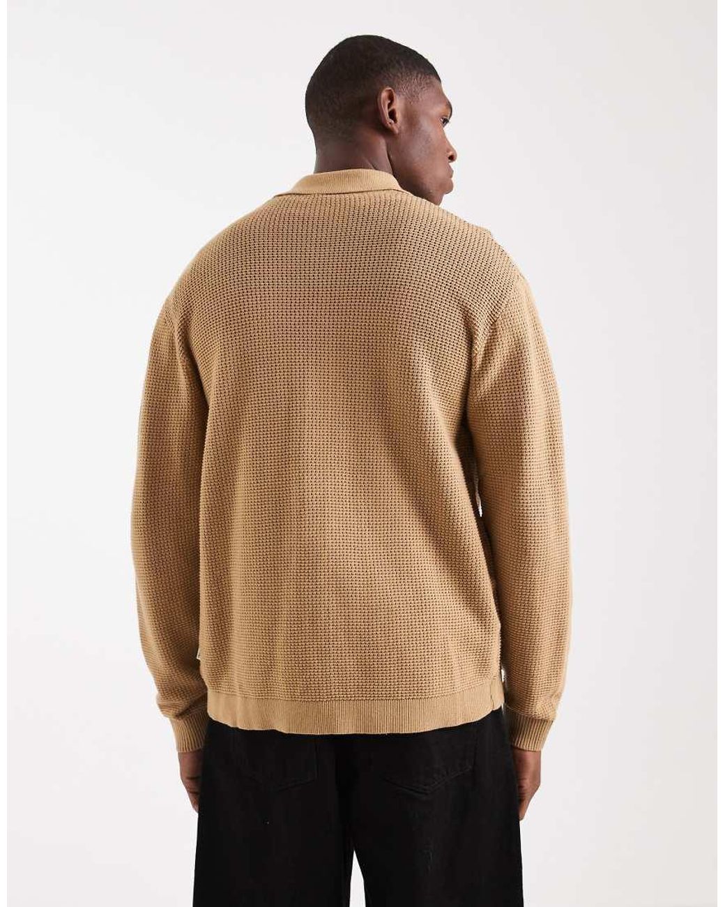 Redefined Rebel Natural Knitted Button Up Polo Cardigan for men