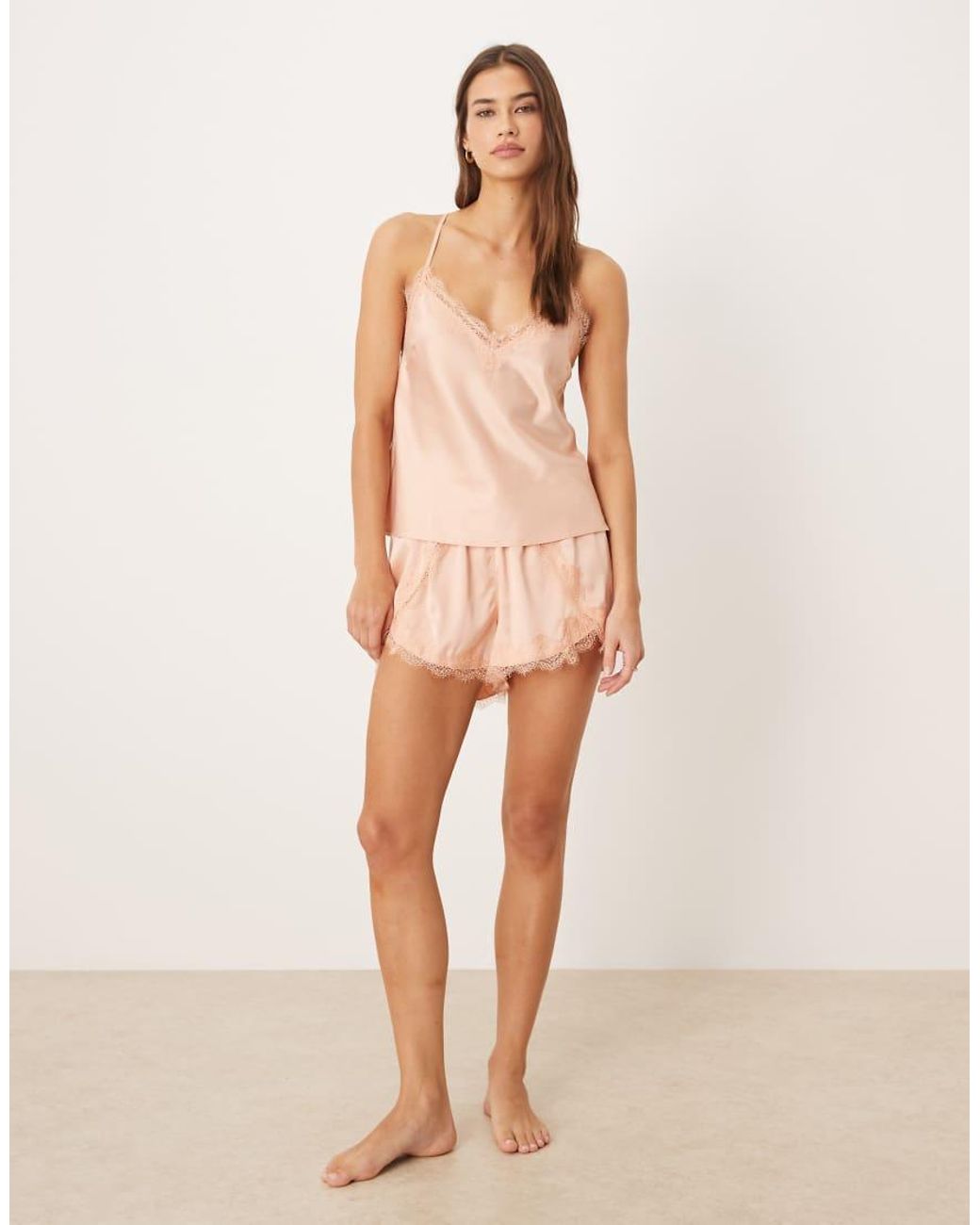 Chelsea Peers Natural Bridesmaids Satin Cross Back Cami Top And Tulip Hem Shorts Sleepwear Set