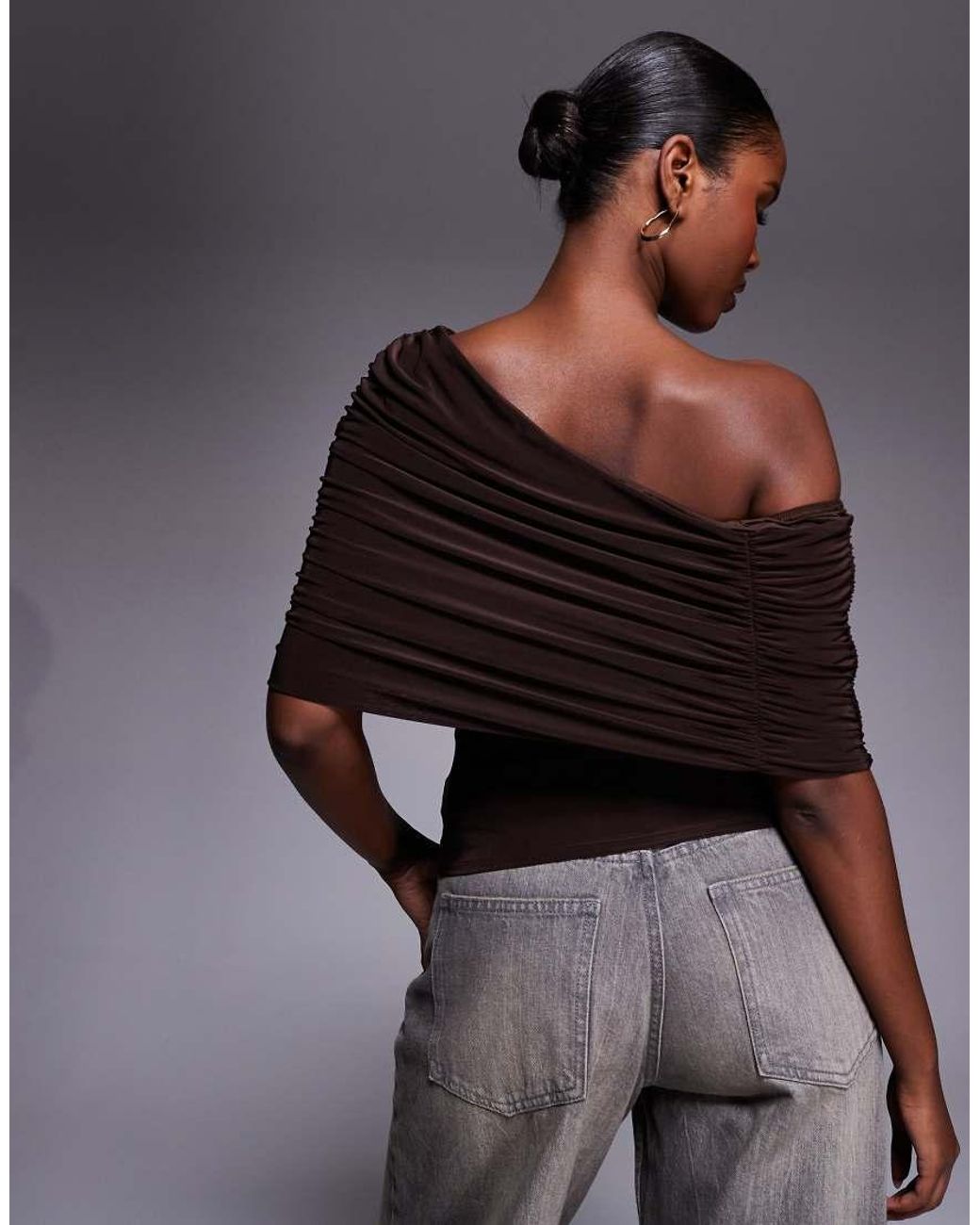 ASOS Gray Slinky Asymmetric Cape Shoulder Top