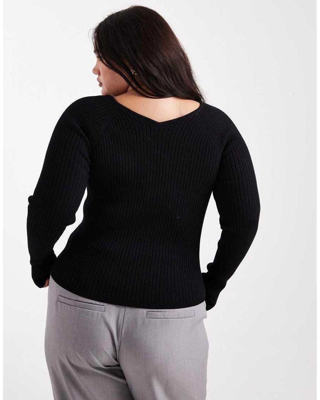 ASOS Black Asos Design Curve Knitted Structured V Neck Top