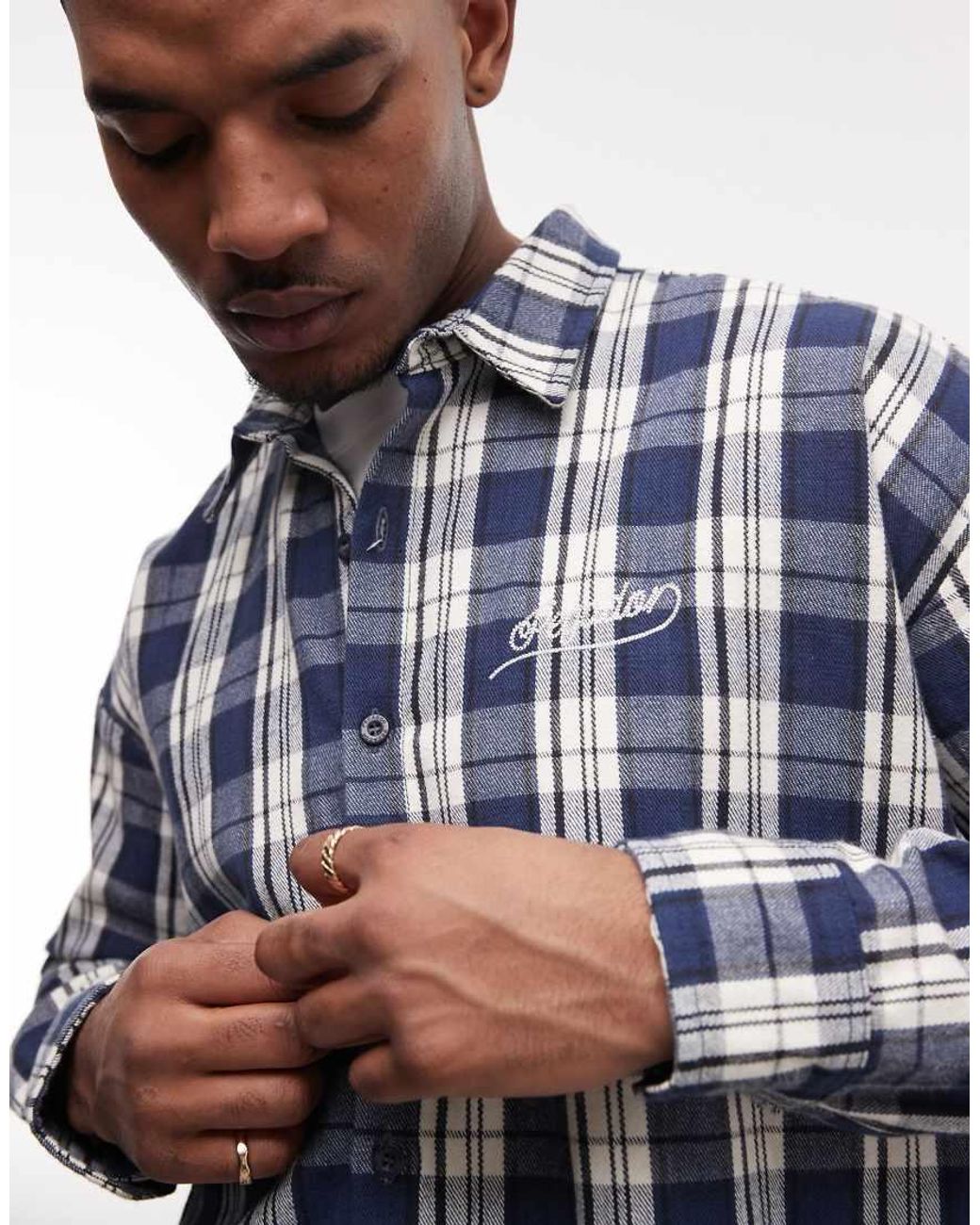 PEGADOR Blue Soglio Oversized Flannel Checked Shirt With Back Print for men