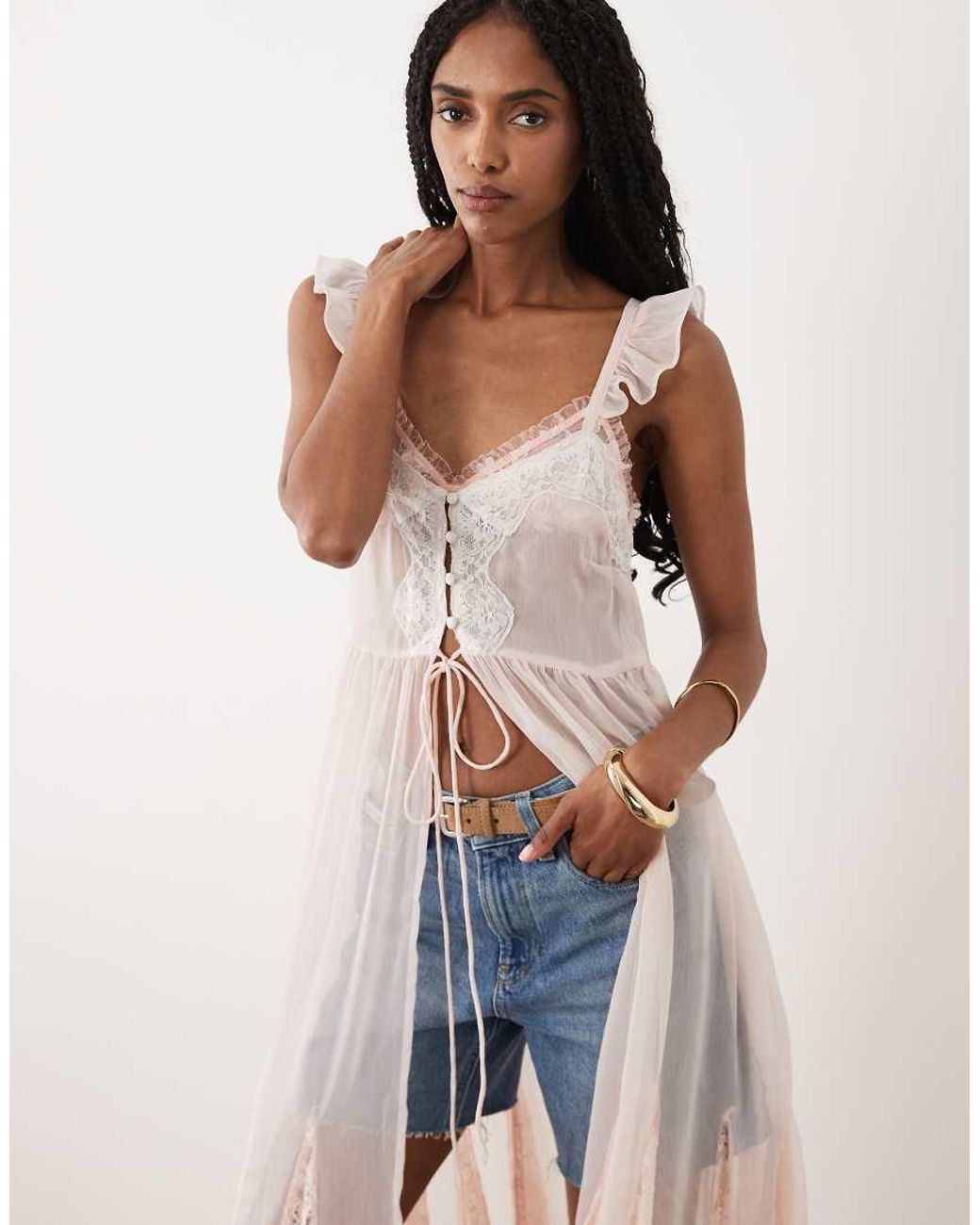 Miss Selfridge Pink Sheer Lace Maxi Dress With Godets