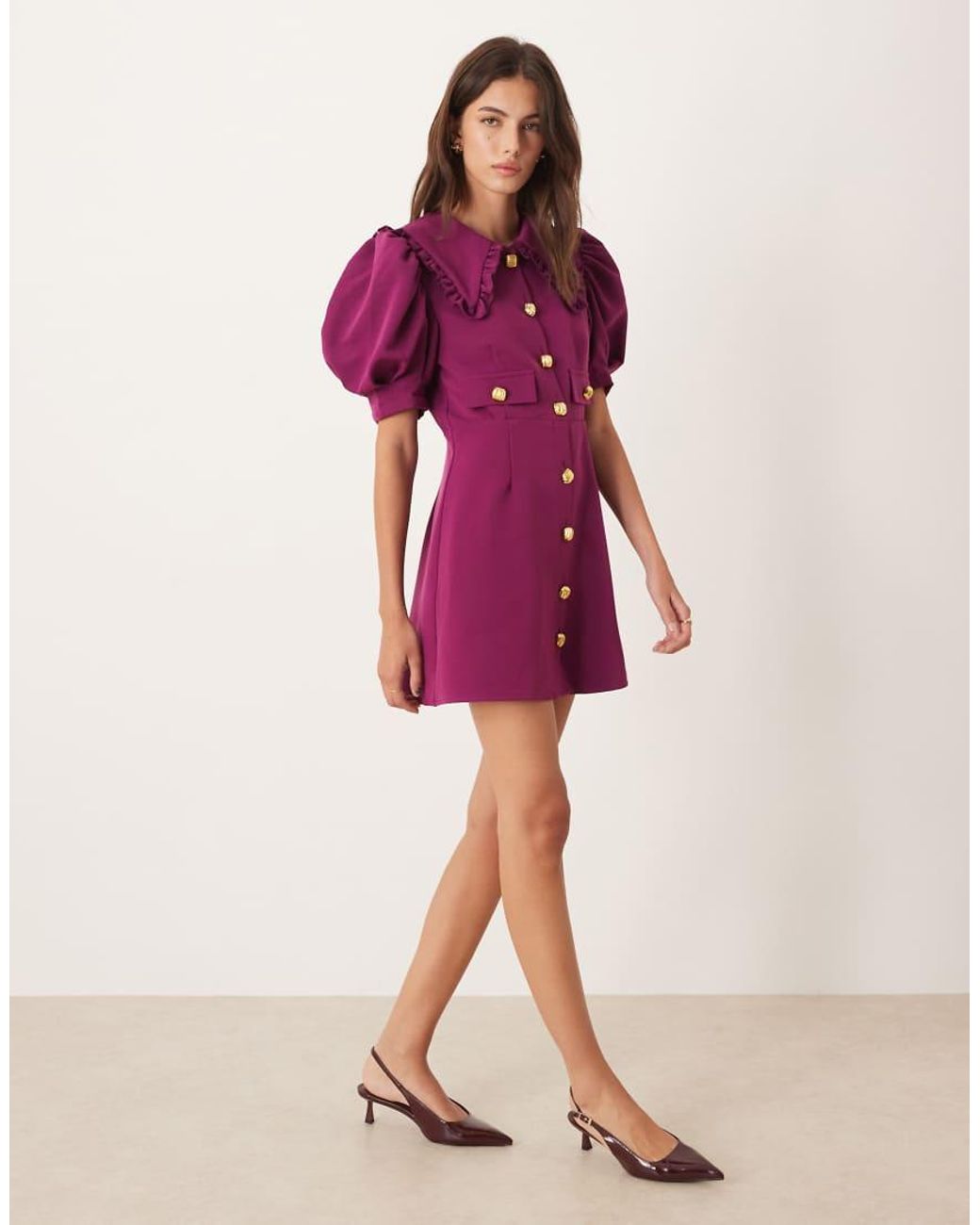 Sister Jane Purple Puff Sleeve Button Front Shirt Mini Dress