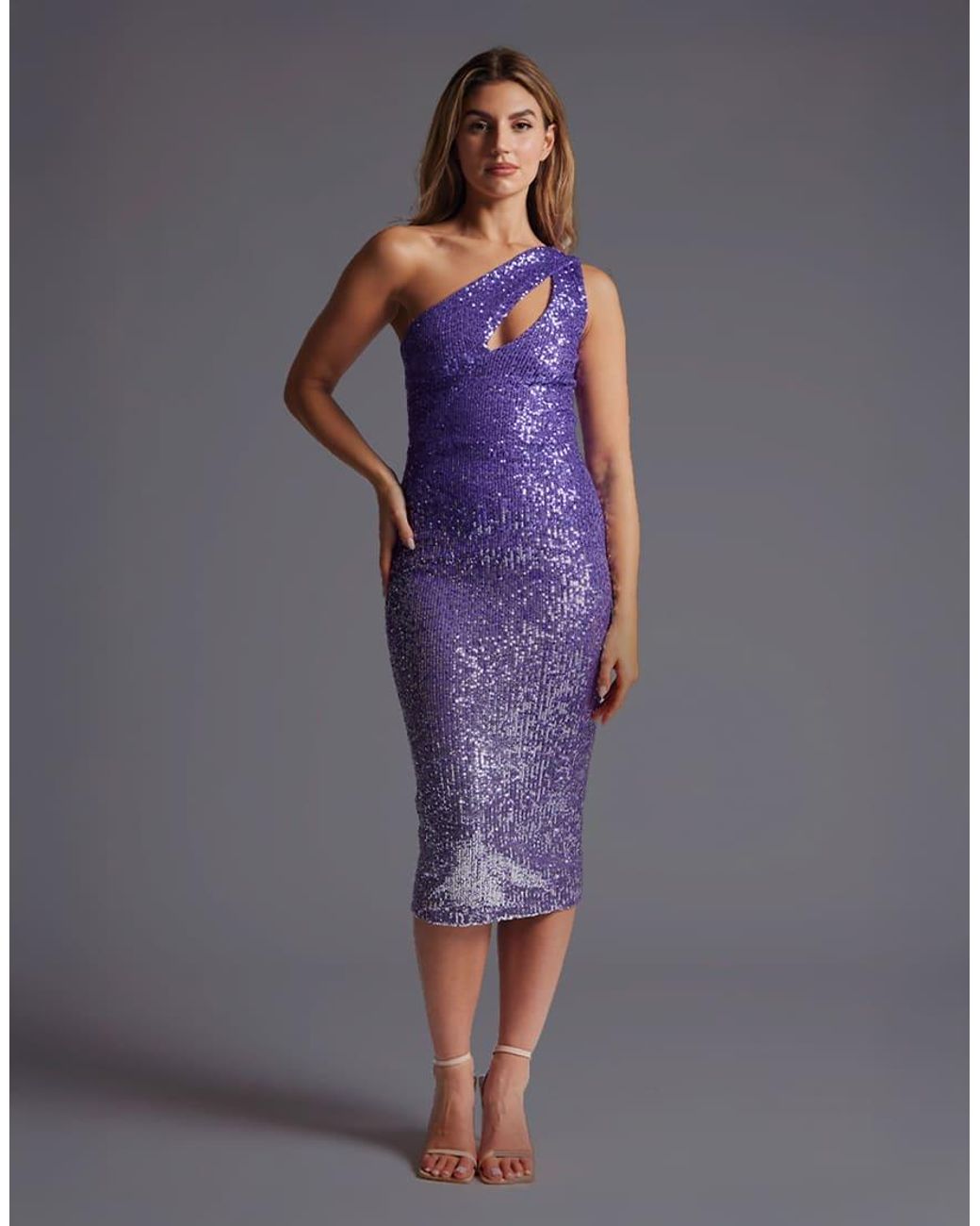 Vesper Purple One Shoulder Ombre Sequin Midaxi Dress With Cut Out