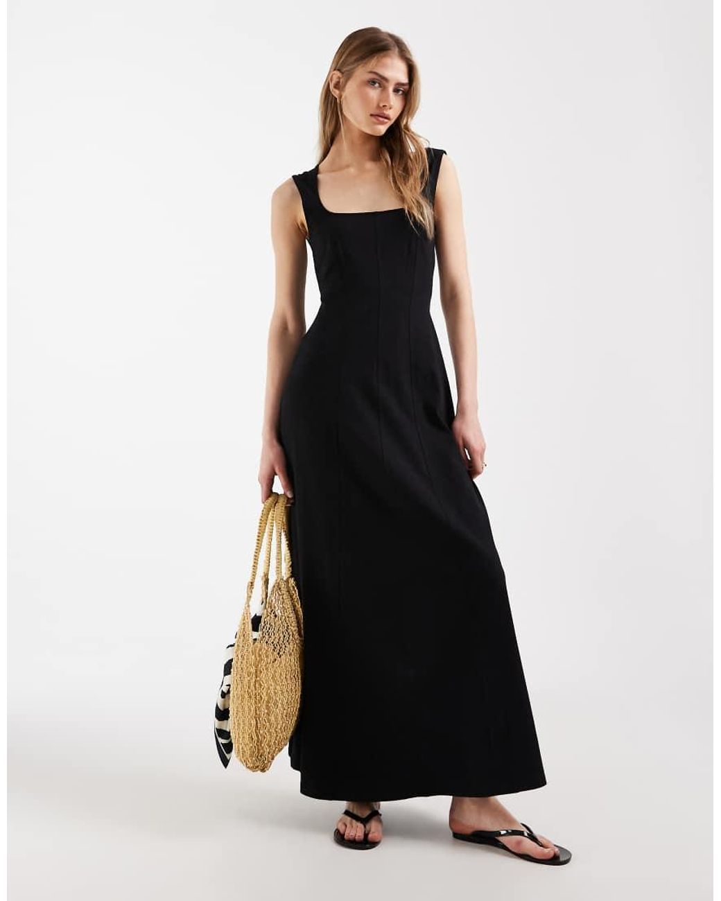 ASOS Black Square Neck Seam Detail Midi Dress