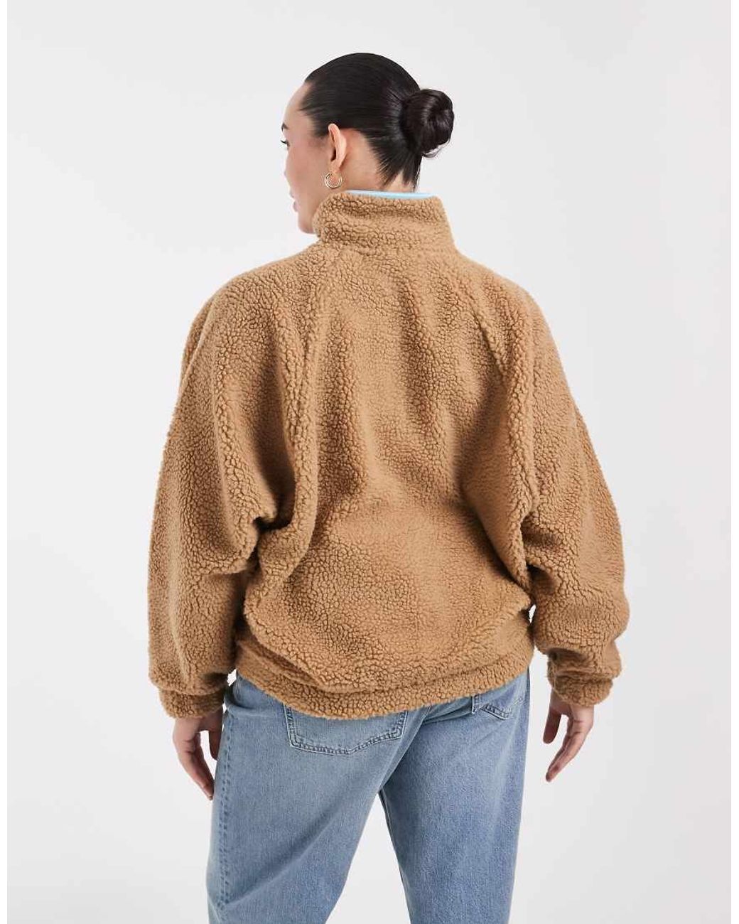 ASOS Brown Asos Design Curve Borg Half Zip With Contrast Binding