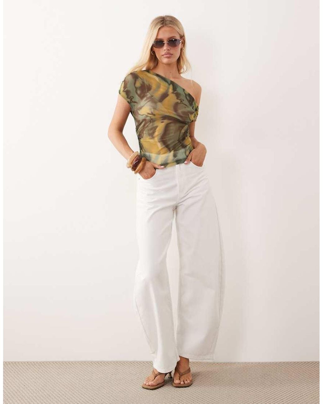 ASOS Natural Sheer Mesh Ruched Off Shoulder Asymmetric Top