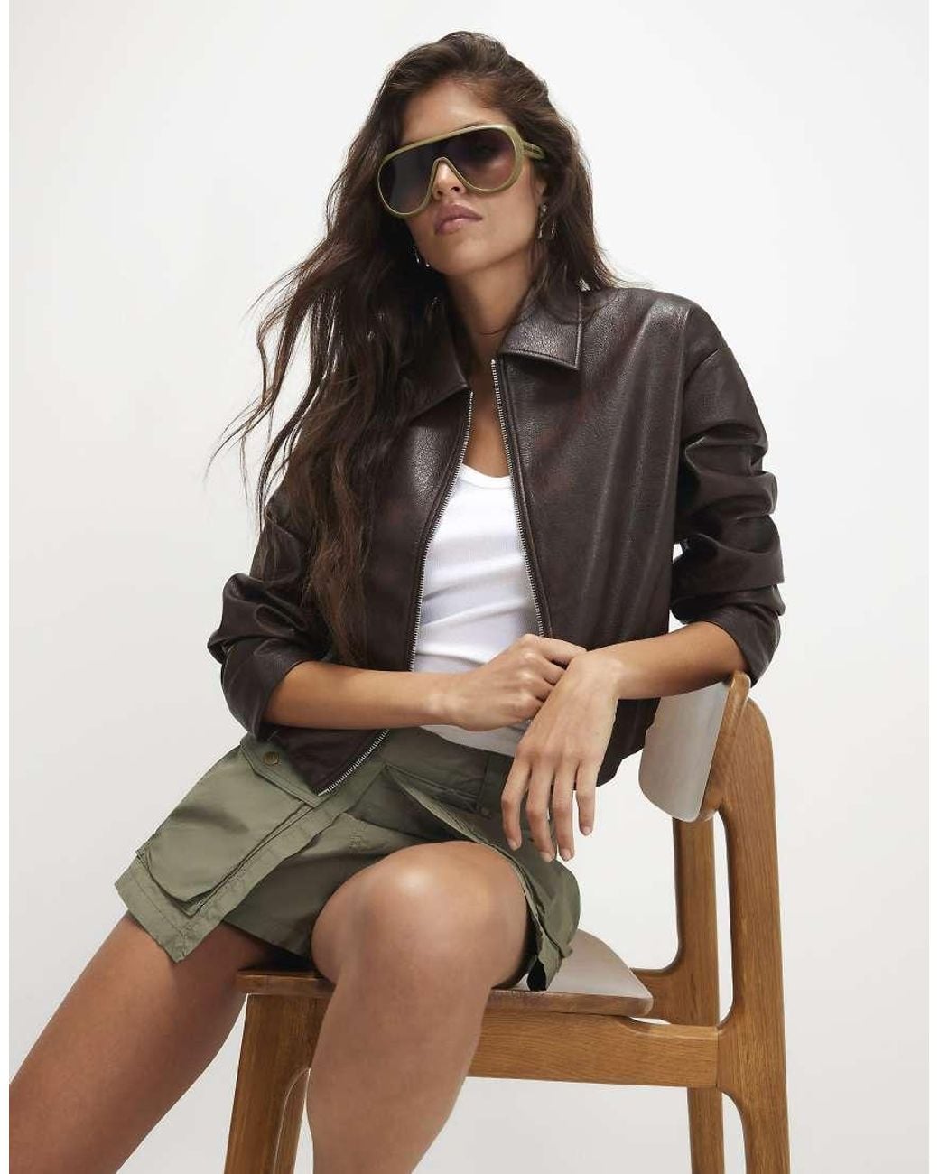 River Island Brown Washed Faux Leather Bomber Jacket