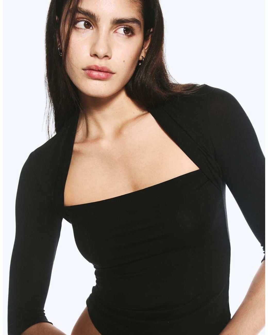 Weekday Black Square Neck 3/4 Length Sleeve Top