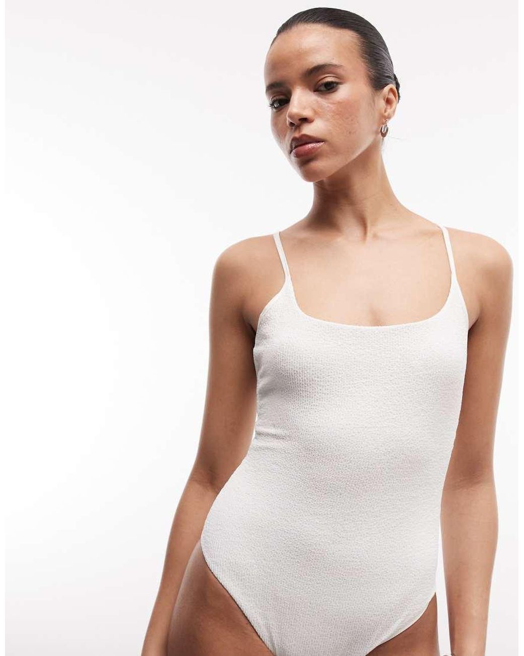 Monki White Crinkle Scoop Neck High Leg Swimsuit