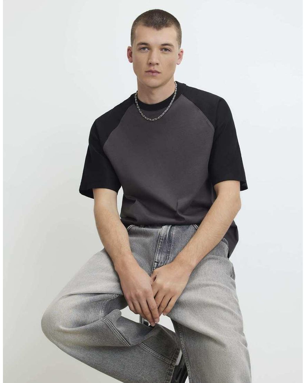 River Island Gray Oversized Fit Raglan Sleeve T-Shirt for men