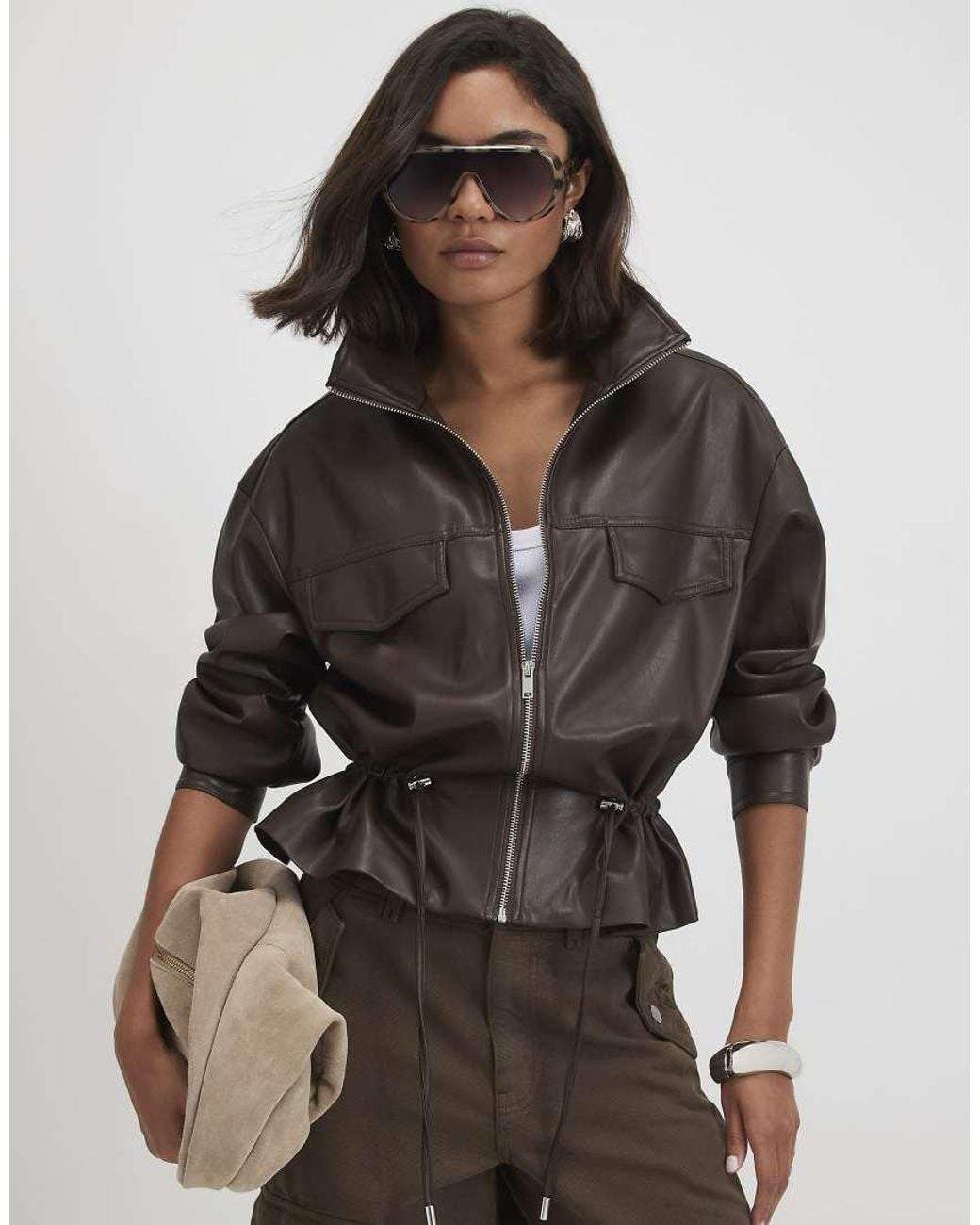 River Island Brown Faux Leather Drawstring Funnel Jacket