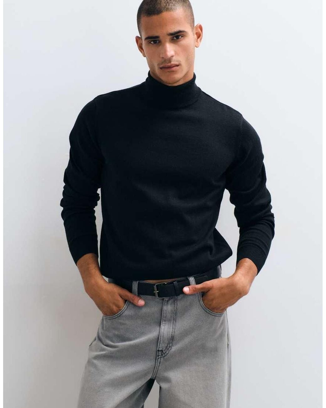 Threadbare Black Knitted Roll Neck Jumper for men