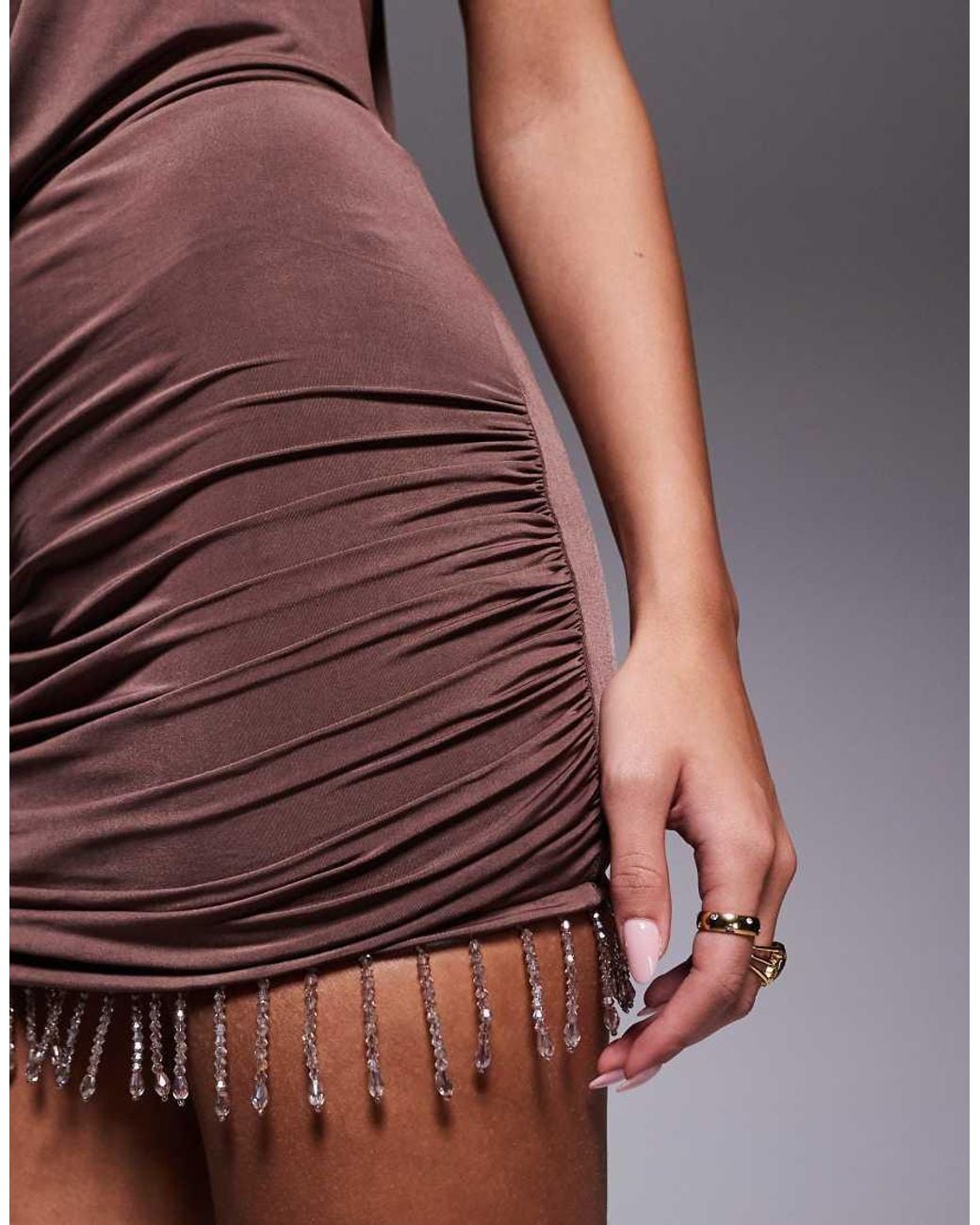 Edikted Brown Bead Fringe Backless Halter Mini Dress