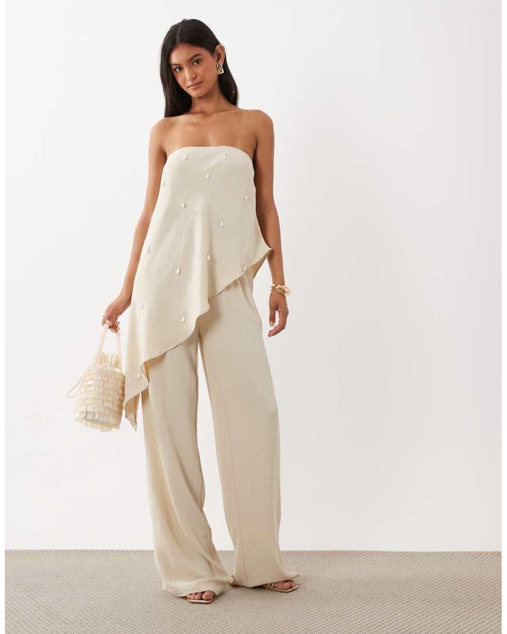 Six Stories Natural Embellished Bandeau Asymmetric Hem Top Co-ord