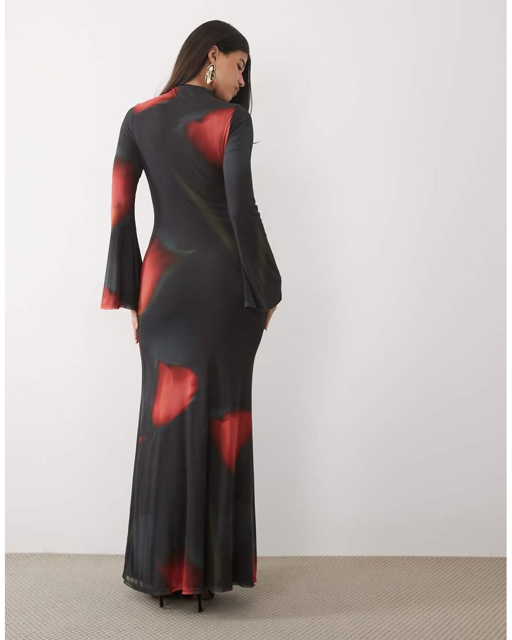 ASOS Black Printed Floral Mesh Maxi Mesh With Spliced Lace Trim And Flute Sleeves Dress