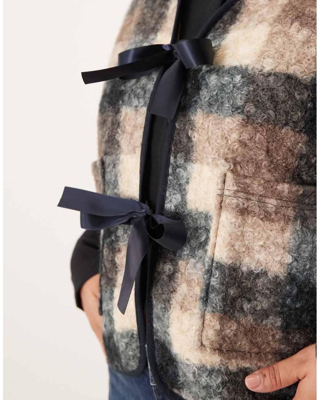 ASOS Black Asos Design Curve Borg Fleece Vest With Check Design And Bow Design