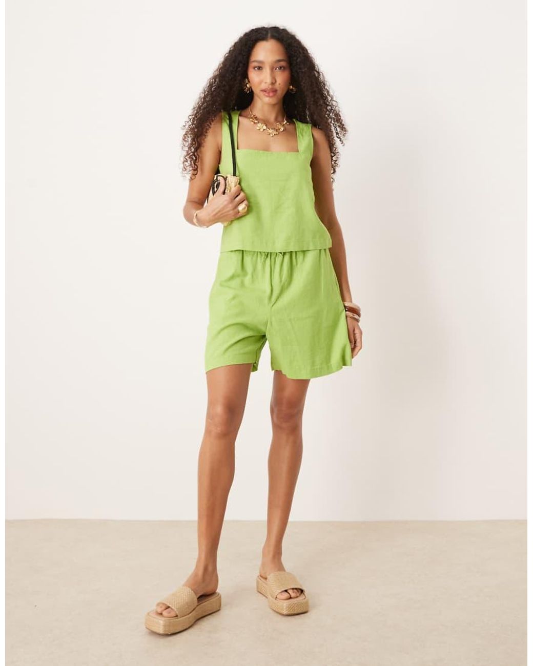 JJXX Green Co-Ord Square Neck Linen Blend Top