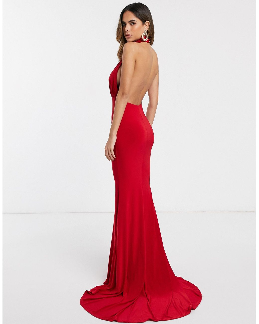 Club L London Backless Halterneck Fishtail Maxi in Red | Lyst