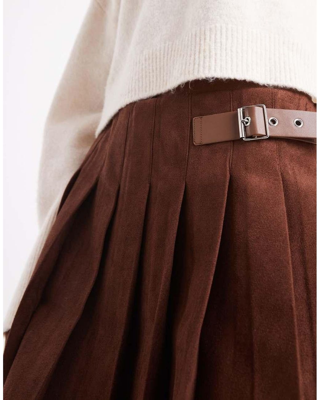 ASOS Brown Faux Suede Buckle Detail Pleated Mini Skirt
