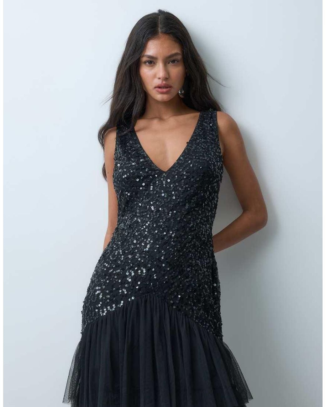LACE & BEADS Gray Embellished Plunge Neck Drop Waist Tiered Skirt Maxi Dress