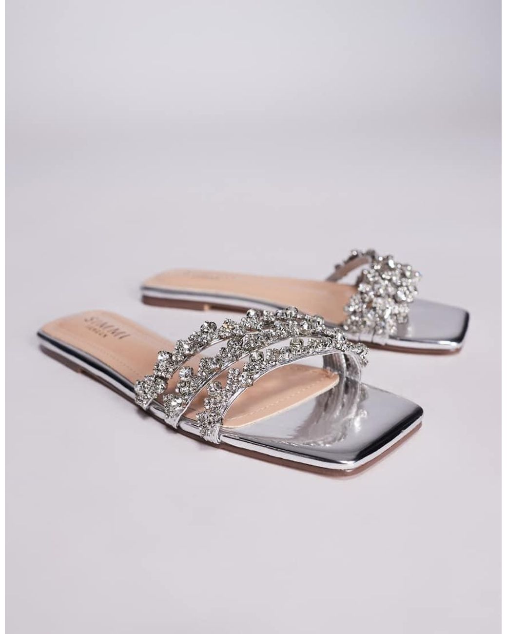 SIMMI White Mirror Diamante Flat Sandals