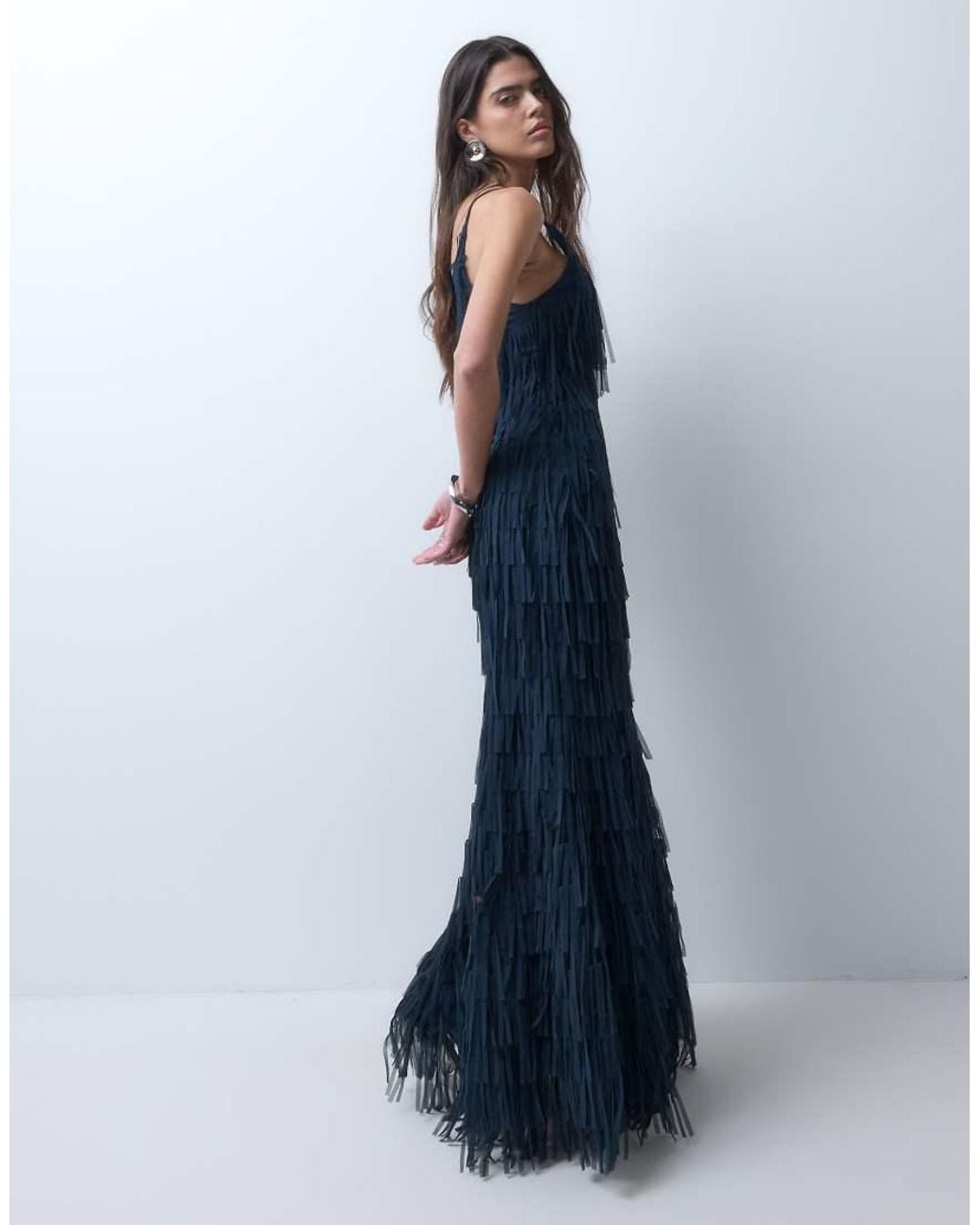 ASOS Blue Cami Cutout Back Ribbon Fringe Maxi Dress