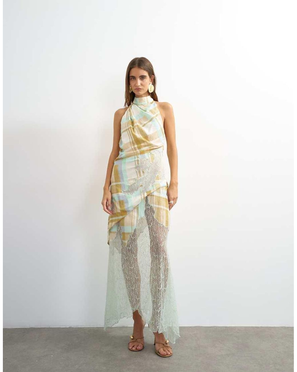 TOPSHOP Multicolor Premium Linen Blend Halter Neck Lace Hem Occasion Maxi Dress