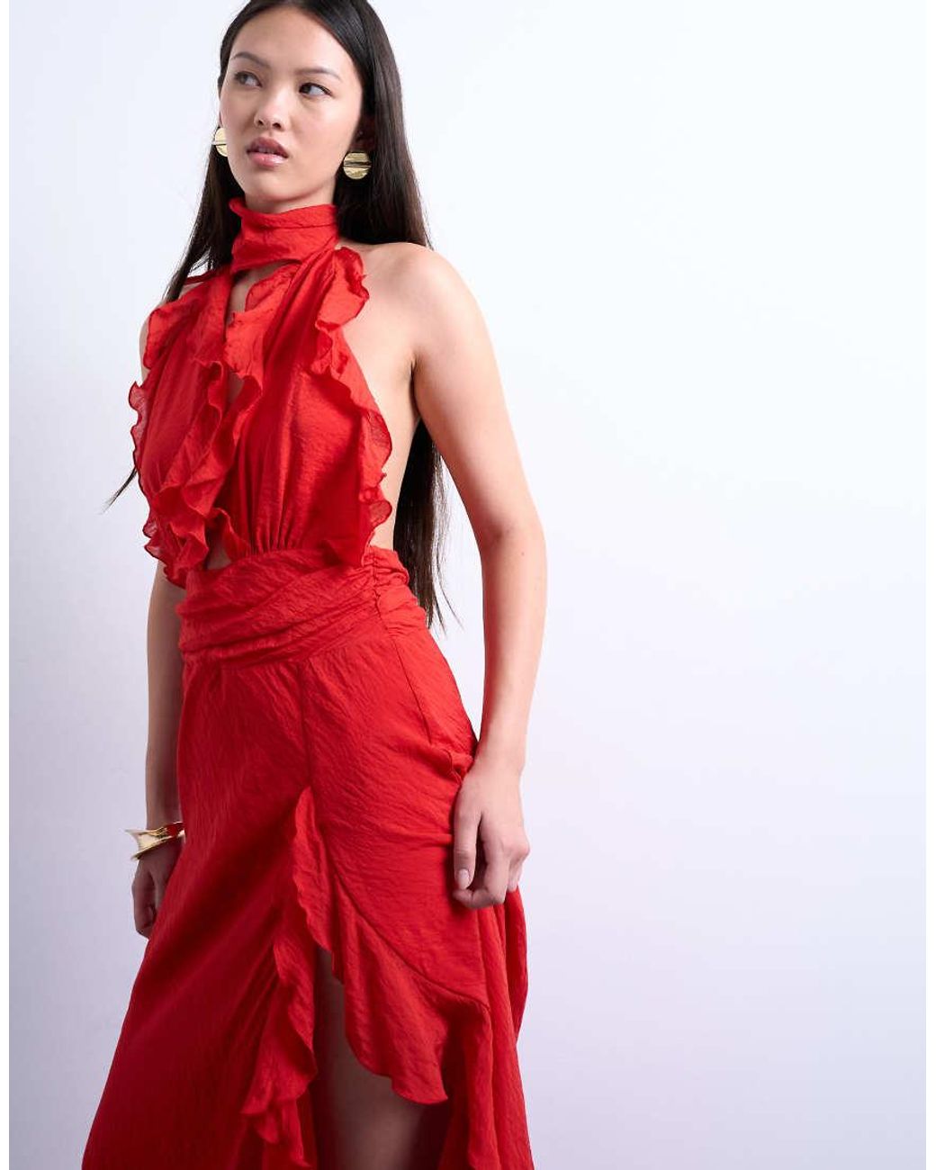 TOPSHOP Red Deep Plunge Ruffle Maxi Gown