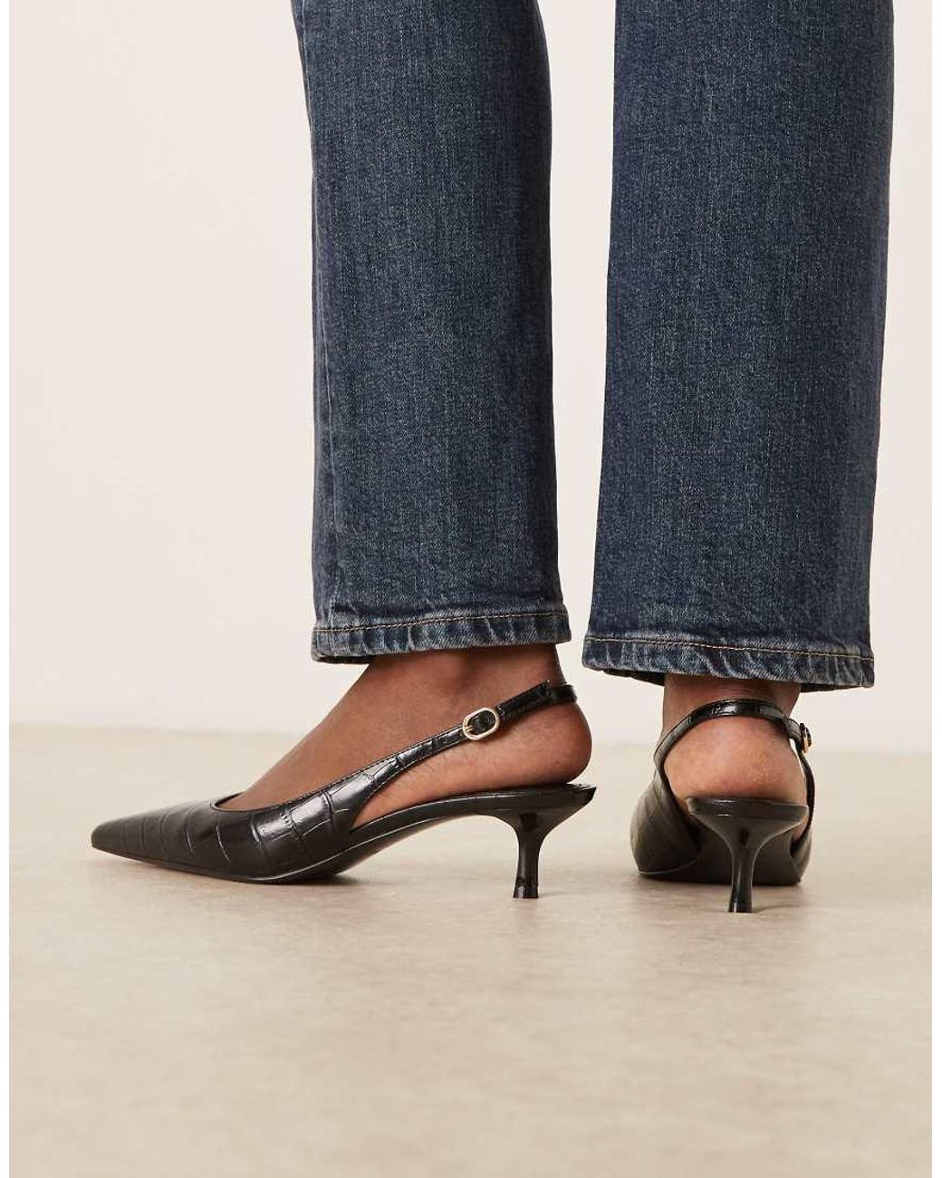 Mango Blue Faux Croc Textured Sling Back Kitten Heel