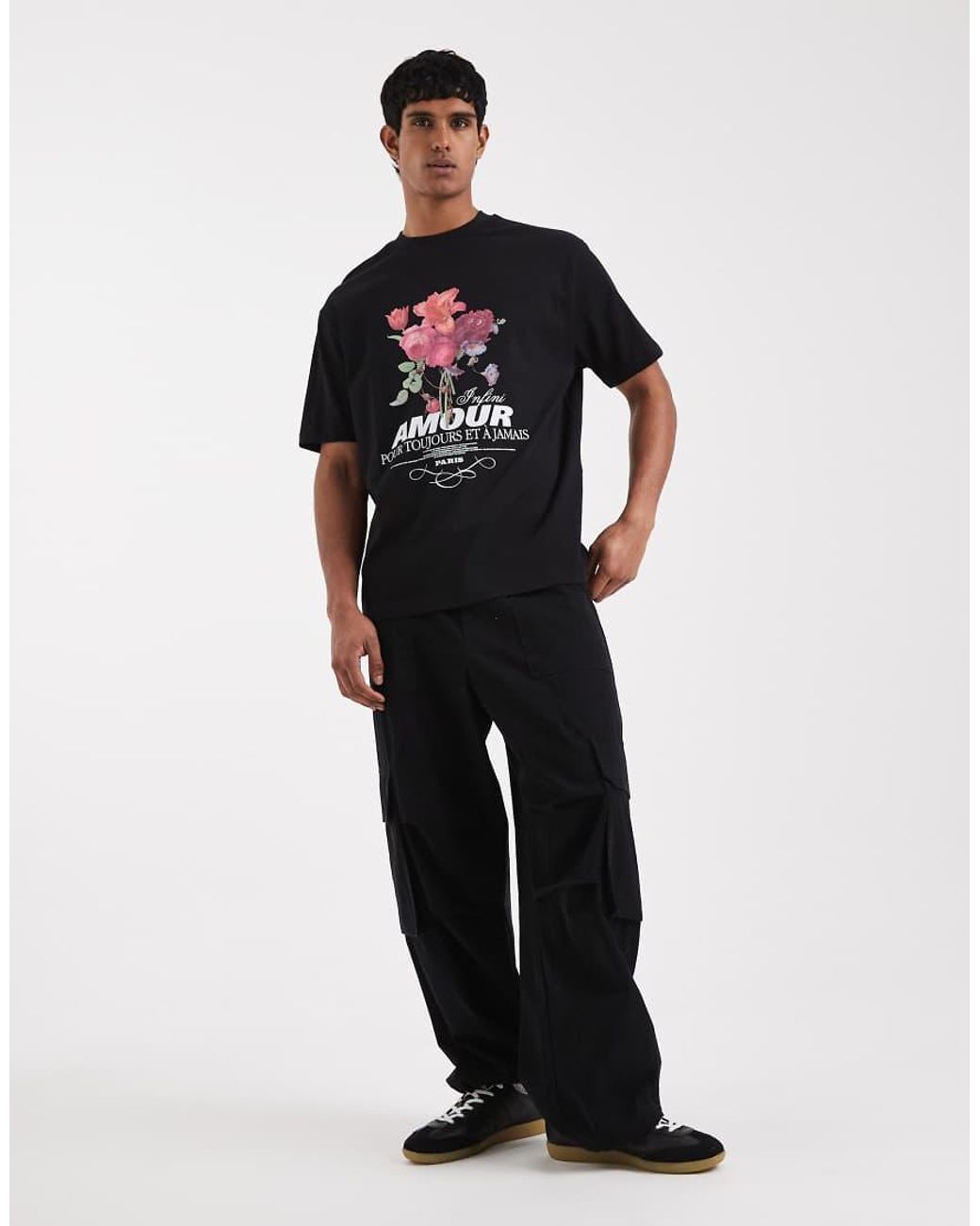 ASOS Black Heavyweight Relaxed T-Shirt With Floral Text Graphic for men