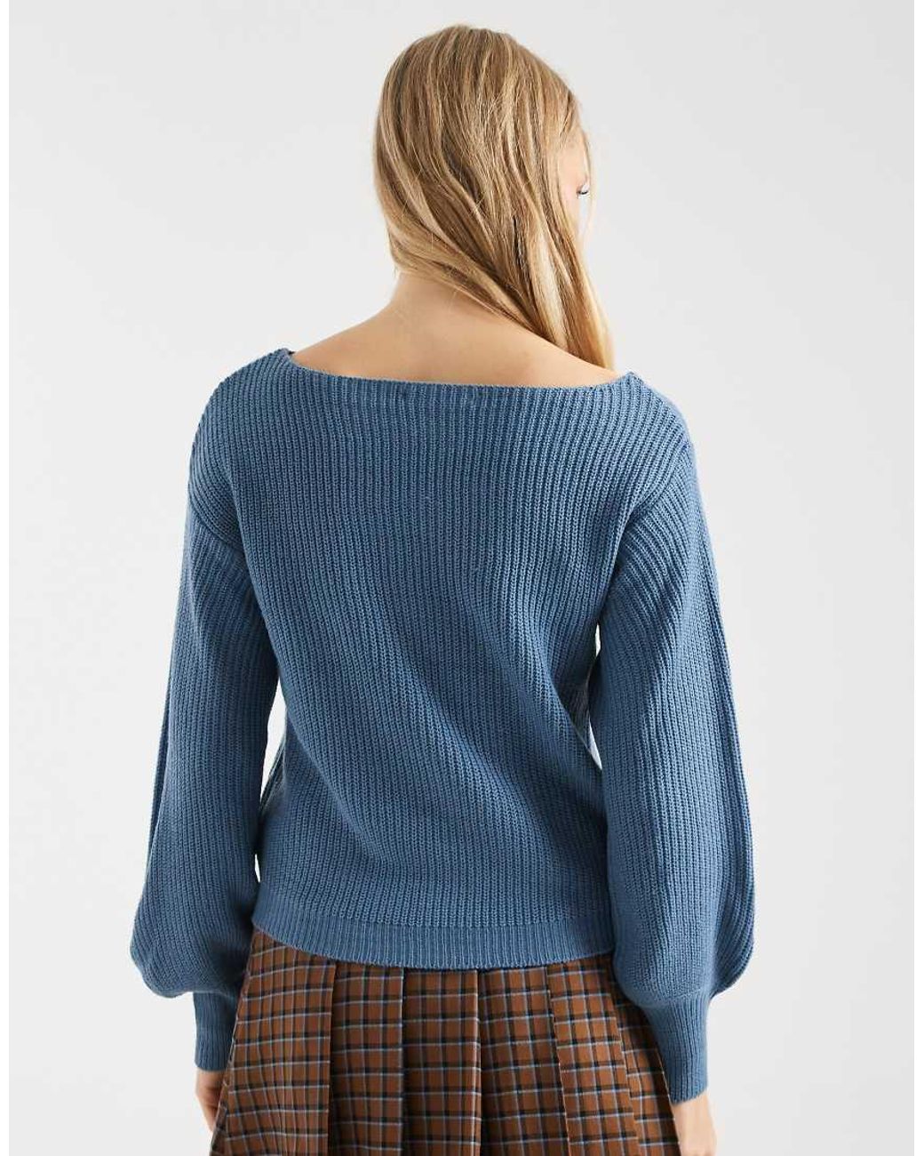 Threadbare Blue Knitted Boat Neck Jumper With Baloon Sleeve