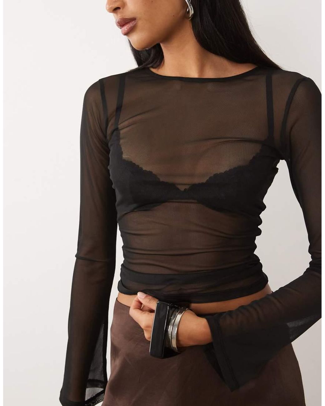 ASOS Black Sheer Mesh Flare Long Sleeve Top