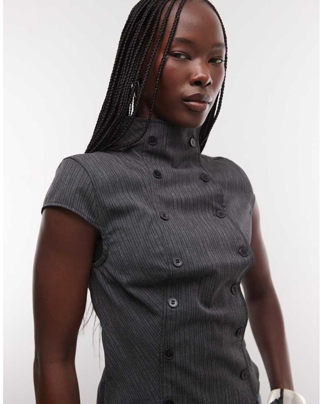 Weekday Blue High Neck Cap Sleeve Top With Buttons