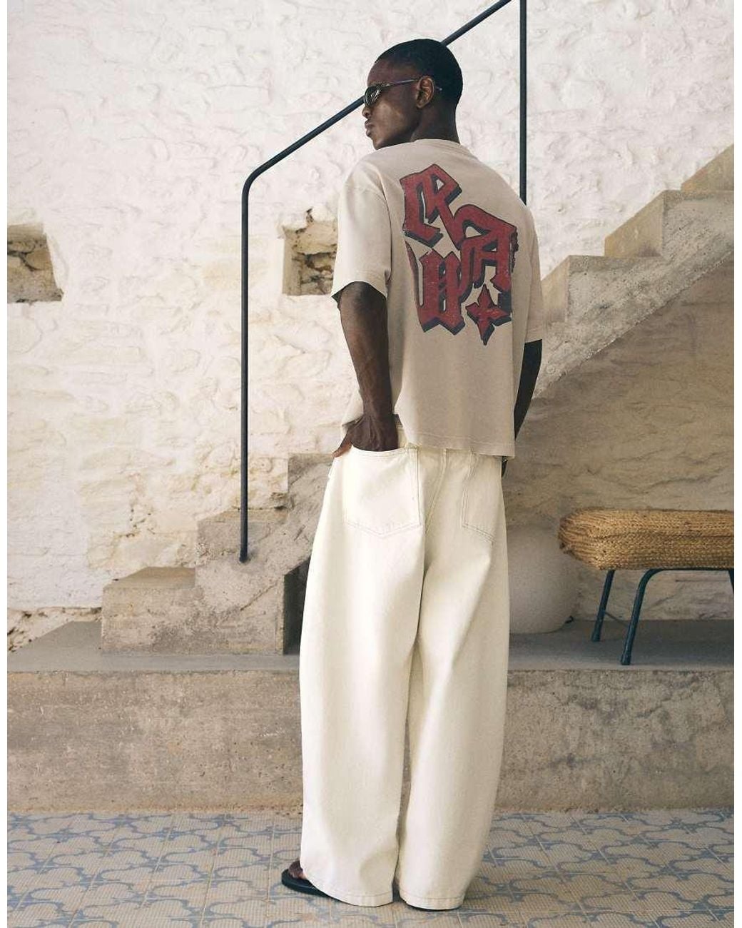 Bershka White Washed Boxy Fit Print T-Shirt for men