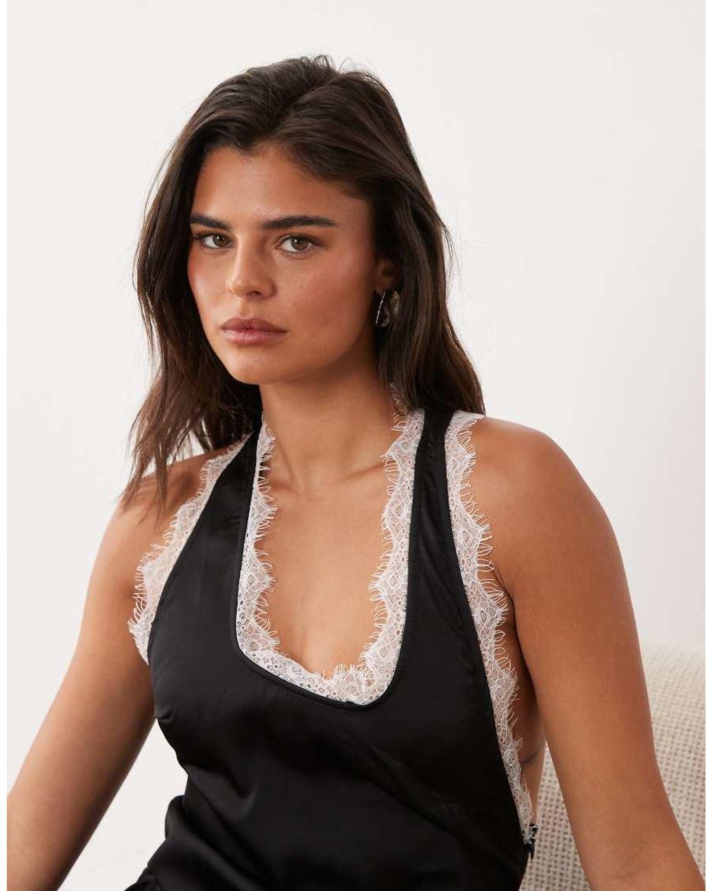 Missy Empire Black Missy Empire Satin Contrast Lace Trim Back Detail Maxi Dress